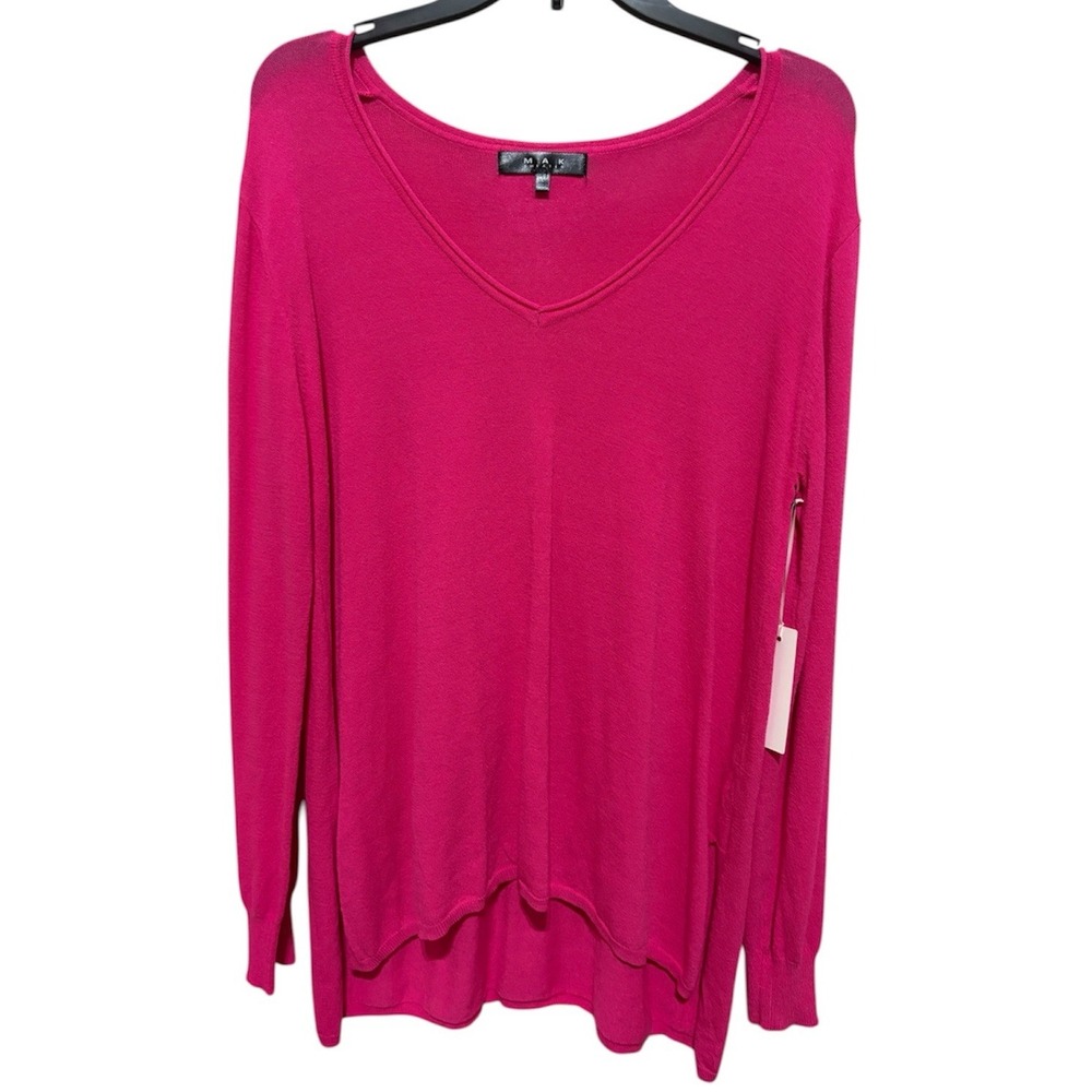 MAK Sweater Blouse L Hot Pink V Neck Long Slv Stretch Lightweight Asymmetrical